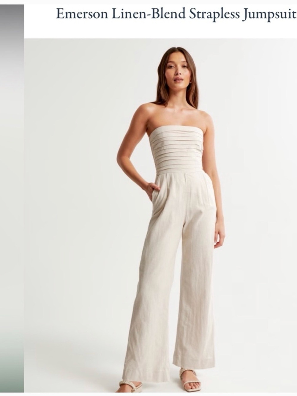 Abercrombie & Fitch Cream Strapless Linen-Blend Wide-Leg Jumpsuit